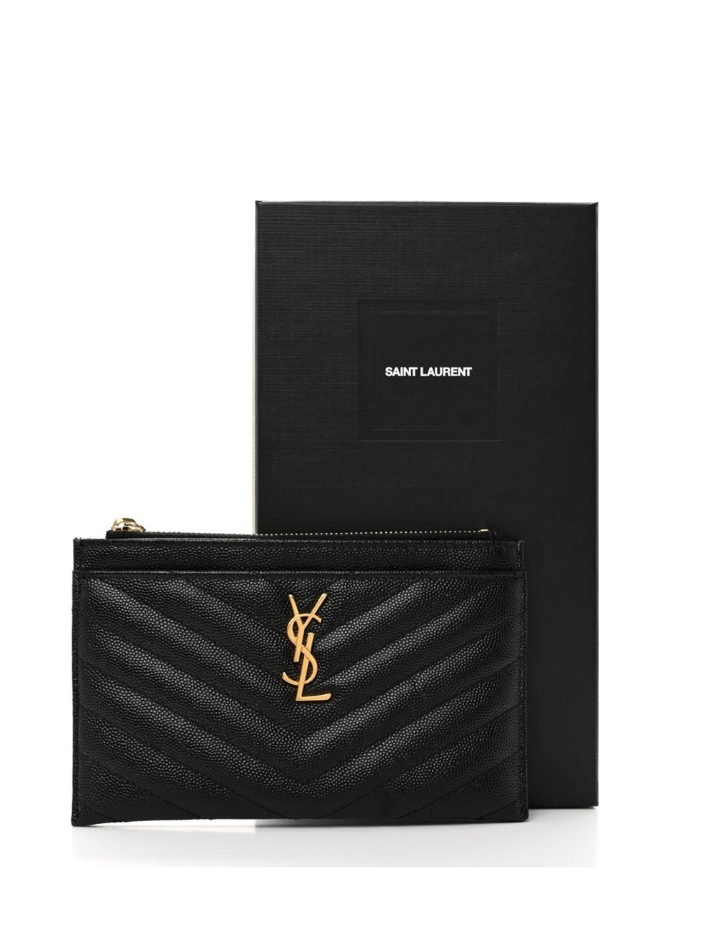Saint Laurent Black Quilted Leather YSL Logo Zip Pouch with Gold Hardware